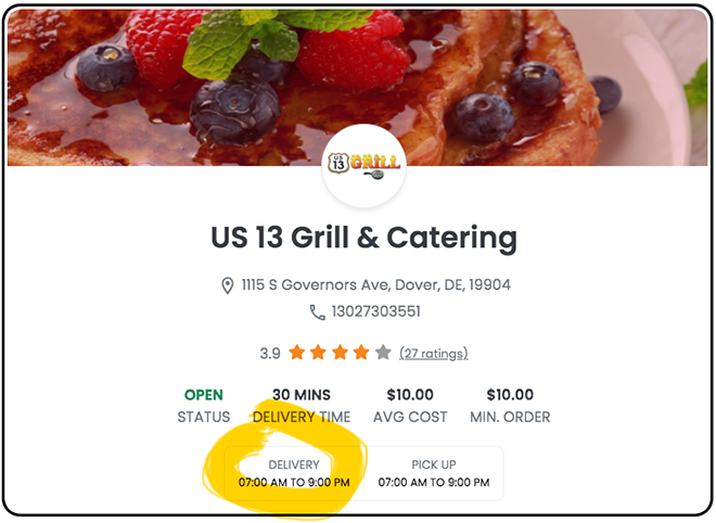 Breakfast will be delivered from US 13 Grill!